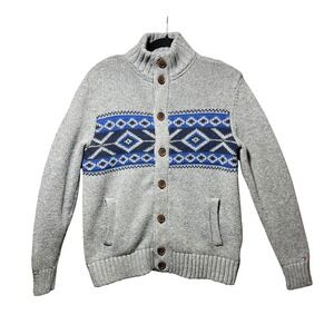 Tommy Hilfiger Nordic Fair Isle Cardigan Button Wool Blend Mens M Gray Blue